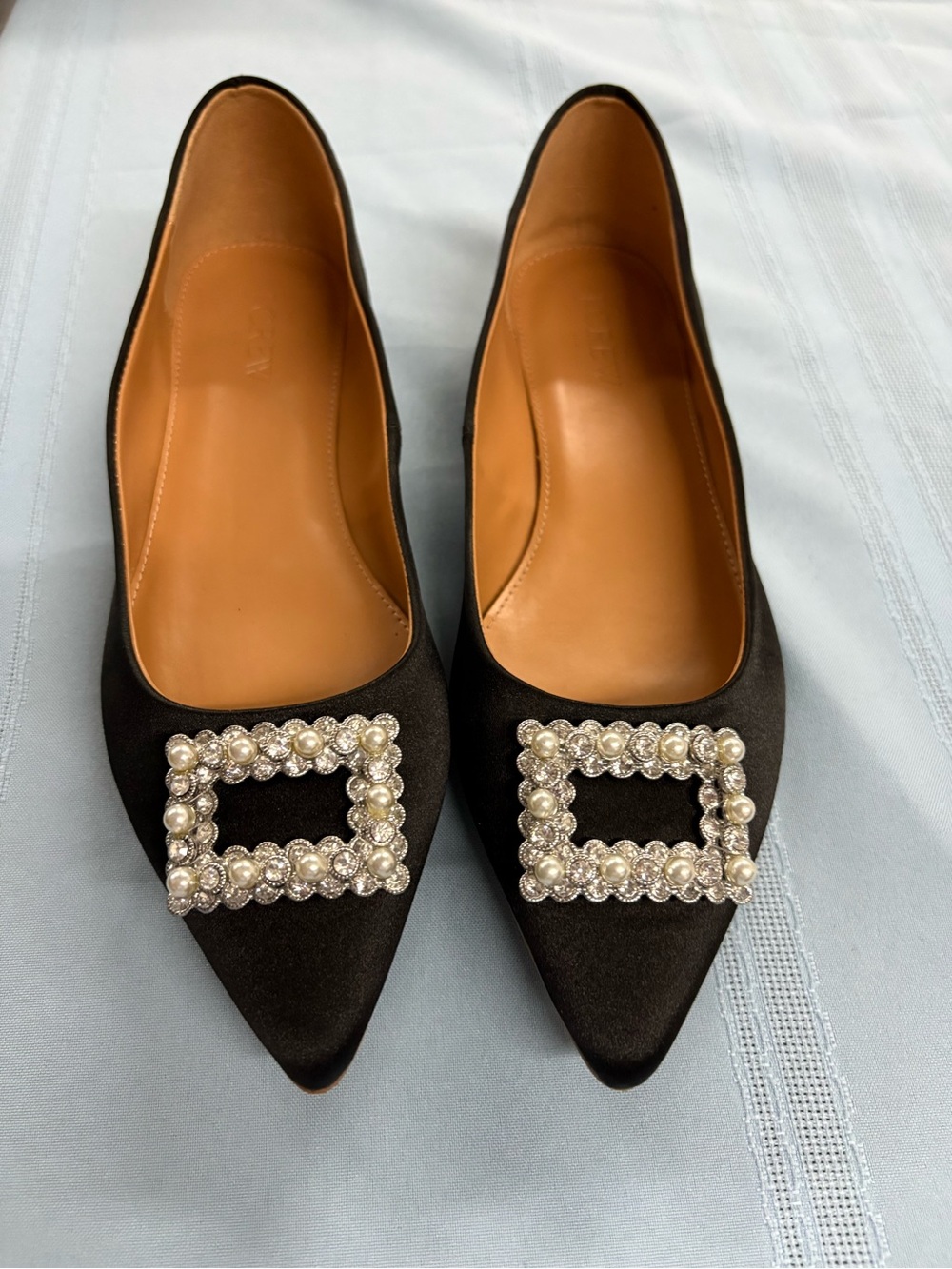 J. Crew Factory Black Satin Pointed Flats with Pearl Crystal Buckle Accent